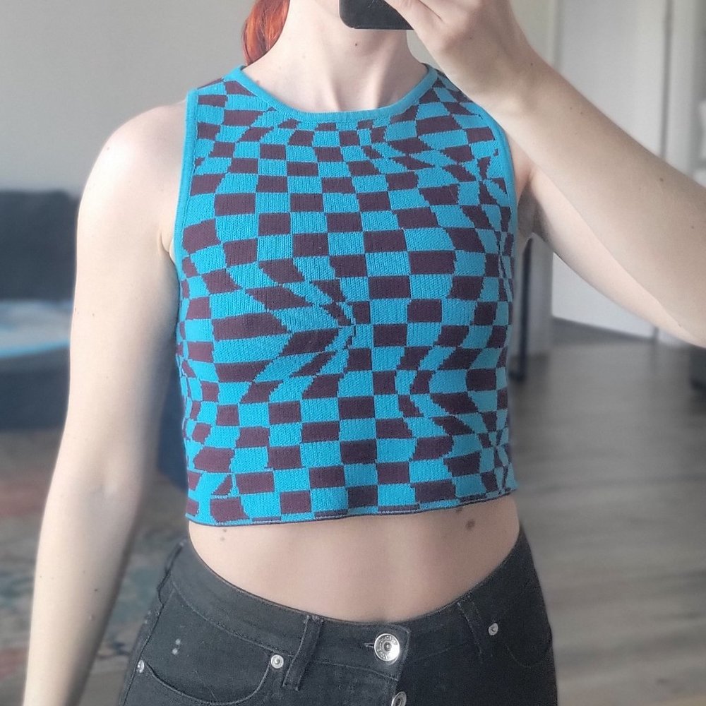 Blue Black Checkered Crop Tank Top